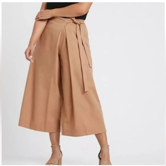 Banana Republic Khaki Organic Cotton Tie Waist Flared Wrap Pants - Picture 1 of 12